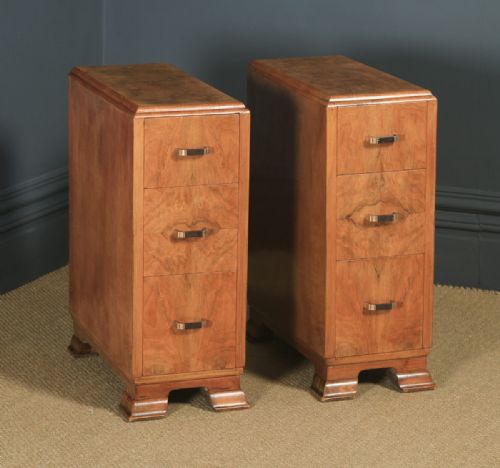fig 2. Antique Pair of English Art Deco Figured Walnut Bedside Chest Tables (Circa 1930)
