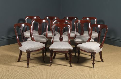 Antique English Victorian Set of Ten 10 Mahogany Bow Back Dining Chairs (Circa 1880)