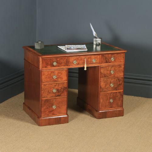 Small Antique English Victorian 3ft 3” Burr Walnut & Leather Pedestal Office Desk (Circa 1860)