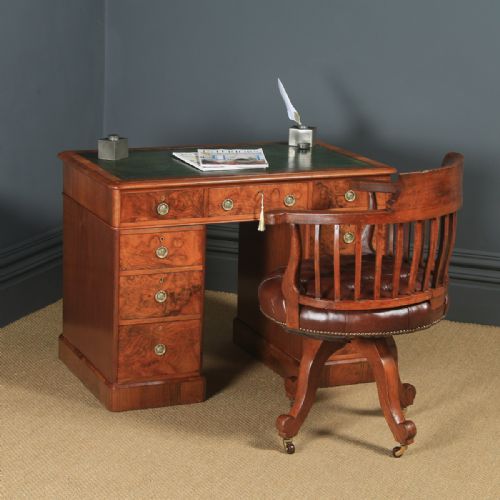 fig 1. Small Antique English Victorian 3ft 3” Burr Walnut & Leather Pedestal Office Desk (Circa 1860)