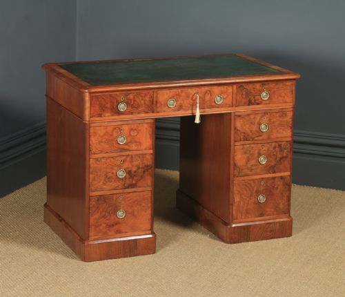 fig 2. Small Antique English Victorian 3ft 3” Burr Walnut & Leather Pedestal Office Desk (Circa 1860)