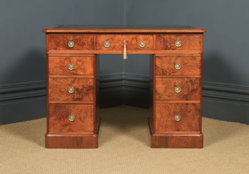 fig 3. Small Antique English Victorian 3ft 3” Burr Walnut & Leather Pedestal Office Desk (Circa 1860)