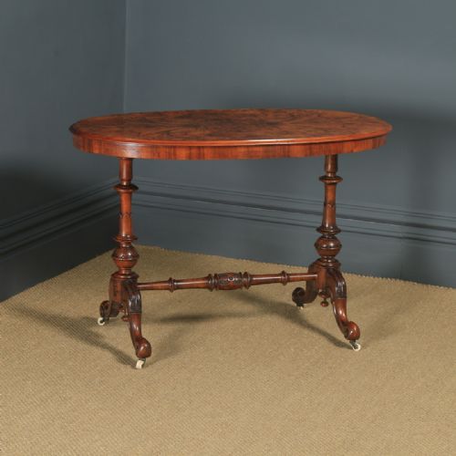 Antique English Victorian Burr Walnut Inlaid Oval Occasional Silver Side Table (Circa 1870)