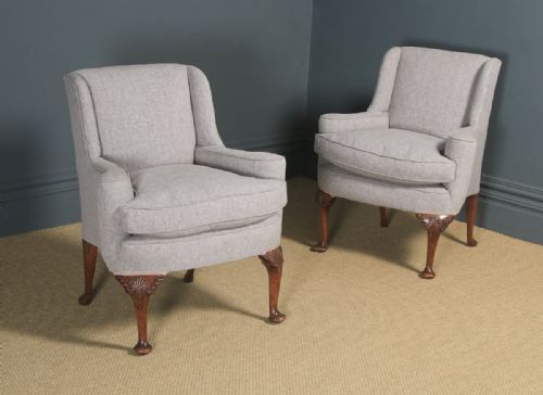 Antique English Pair of Georgian Style Grey Upholstered Beech Arm Chairs (Circa 1900)