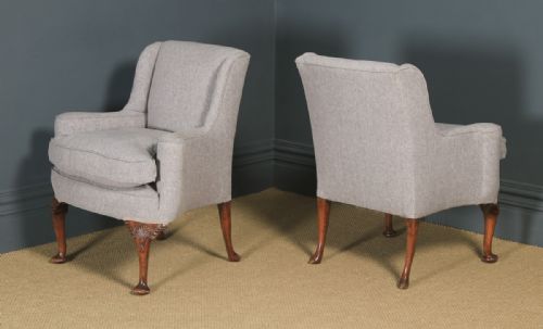 fig 1. Antique English Pair of Georgian Style Grey Upholstered Beech Arm Chairs (Circa 1900)