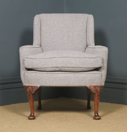 fig 7. Antique English Pair of Georgian Style Grey Upholstered Beech Arm Chairs (Circa 1900)