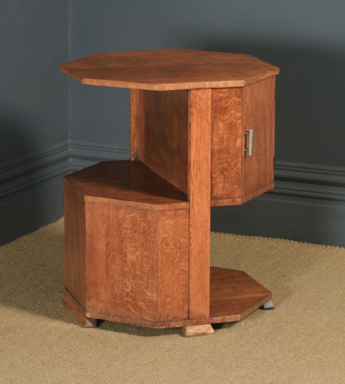 Antique English Art Deco Oak Octagonal Bedside Cabinet Table Nightstand (Circa 1941)