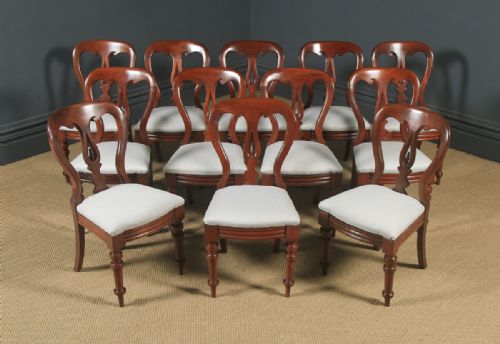 fig 1. Antique English Victorian Set of 12 Twelve Mahogany Balloon Spear Back Dining Chairs (Circa 1860)