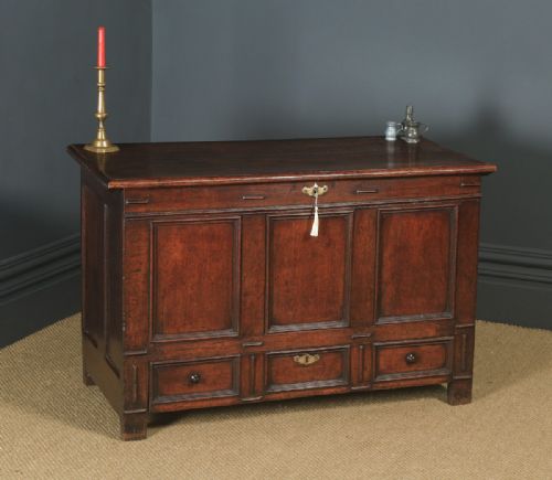 Antique English 18th Century Oak Geometric Mule Chest / Blanket Box / Trunk with Drawer (Circa 1710)