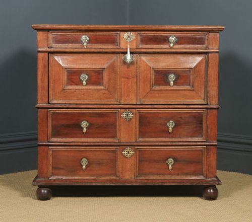 fig 1. Antique English 17th Century William & Mary Oak & Fruitwood Geometric Two-Part Chest of Drawers (Circa 1690)
