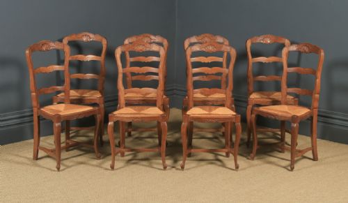 Antique French Set of 8 Eight Louis XV Style Oak Ladder Back Rush Seat Kitchen Dining Chairs (Circa 1920)