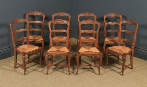 fig 1. Antique French Set of 8 Eight Louis XV Style Oak Ladder Back Rush Seat Kitchen Dining Chairs (Circa 1920)