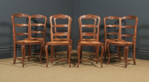 fig 2. Antique French Set of 8 Eight Louis XV Style Oak Ladder Back Rush Seat Kitchen Dining Chairs (Circa 1920)