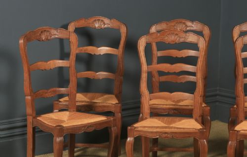 fig 3. Antique French Set of 8 Eight Louis XV Style Oak Ladder Back Rush Seat Kitchen Dining Chairs (Circa 1920)