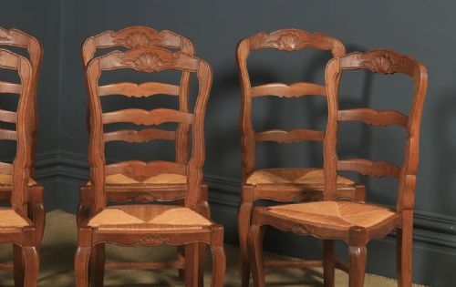 fig 4. Antique French Set of 8 Eight Louis XV Style Oak Ladder Back Rush Seat Kitchen Dining Chairs (Circa 1920)