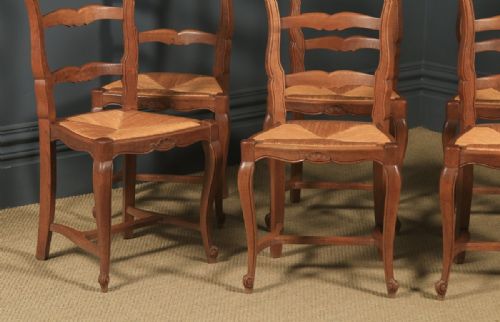 fig 5. Antique French Set of 8 Eight Louis XV Style Oak Ladder Back Rush Seat Kitchen Dining Chairs (Circa 1920)