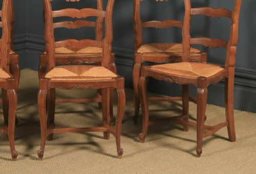 fig 6. Antique French Set of 8 Eight Louis XV Style Oak Ladder Back Rush Seat Kitchen Dining Chairs (Circa 1920)