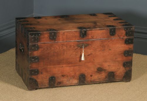 fig 1. Antique English Victorian Pine & Steel Strapped Zinc Lined Campaign Chest / Trunk (Circa 1850)