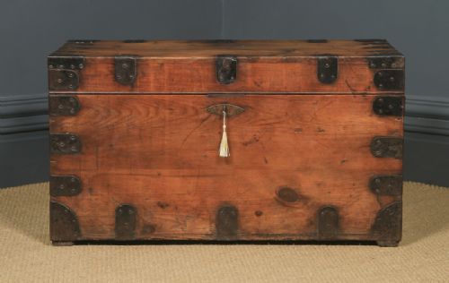 fig 3. Antique English Victorian Pine & Steel Strapped Zinc Lined Campaign Chest / Trunk (Circa 1850)