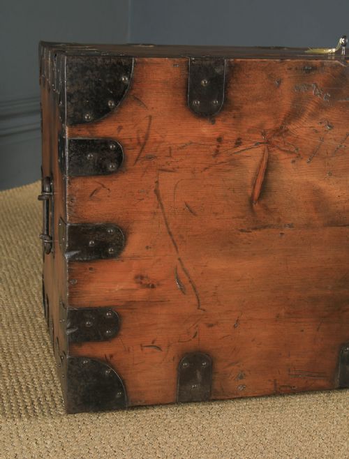 fig 4. Antique English Victorian Pine & Steel Strapped Zinc Lined Campaign Chest / Trunk (Circa 1850)