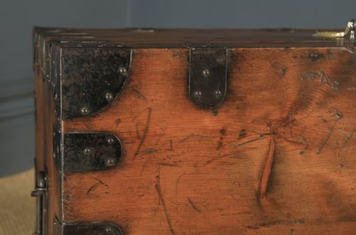 fig 5. Antique English Victorian Pine & Steel Strapped Zinc Lined Campaign Chest / Trunk (Circa 1850)