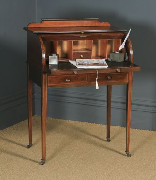 Antique English Edwardian Mahogany & Leather Cylinder Office Roll Top Desk (Circa 1910)