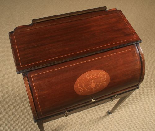 fig 1. Antique English Edwardian Mahogany & Leather Cylinder Office Roll Top Desk (Circa 1910)