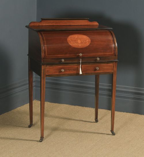 fig 4. Antique English Edwardian Mahogany & Leather Cylinder Office Roll Top Desk (Circa 1910)