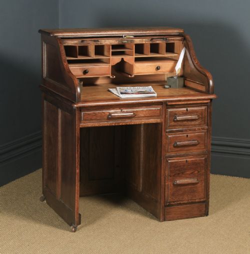 Antique English Edwardian 3ft Oak Angus Roll Top Pedestal Office Desk (Circa 1910)