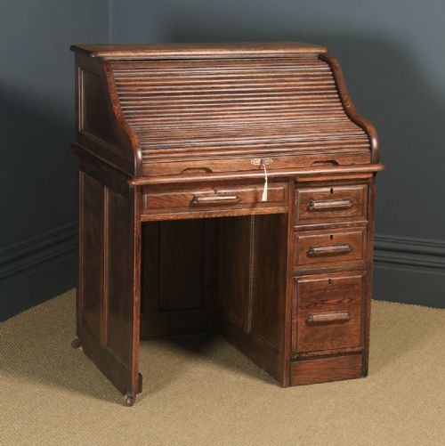 fig 1. Antique English Edwardian 3ft Oak Angus Roll Top Pedestal Office Desk (Circa 1910)