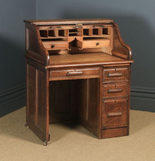 fig 3. Antique English Edwardian 3ft Oak Angus Roll Top Pedestal Office Desk (Circa 1910)