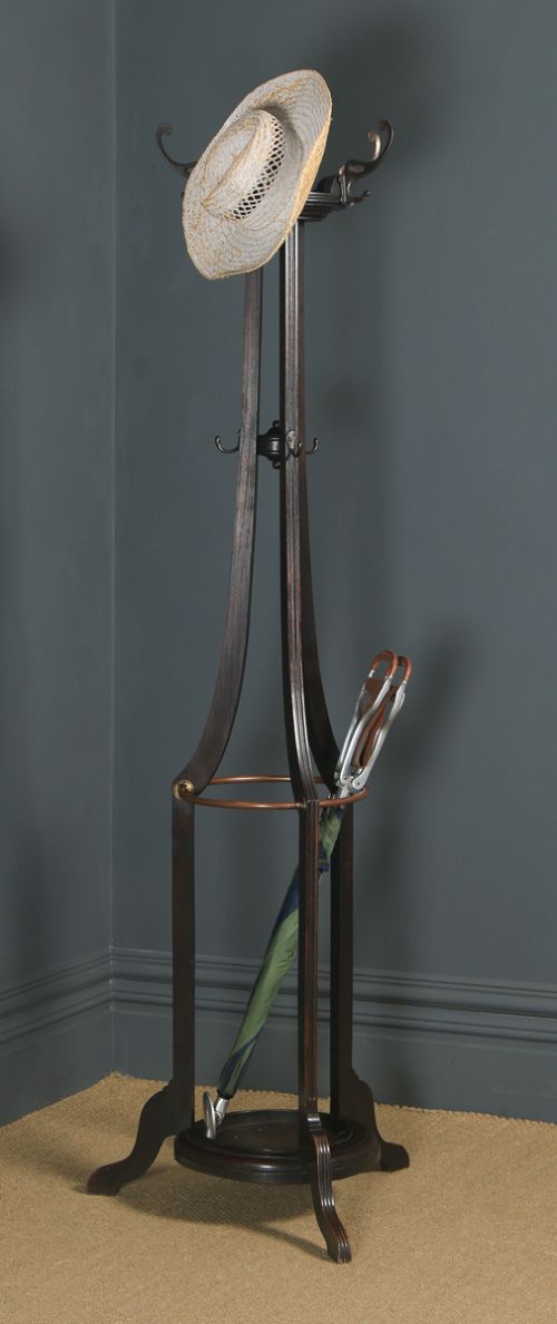 fig 1. Antique Edwardian Oak & Brass Arts & Crafts Revolving Coat, Hat, Stick & Umbrella Hall Stand (Circa 1910)