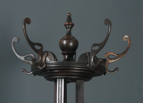 fig 3. Antique Edwardian Oak & Brass Arts & Crafts Revolving Coat, Hat, Stick & Umbrella Hall Stand (Circa 1910)