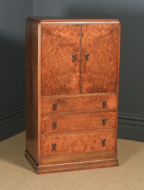 Antique English Art Deco Burr Walnut Two Door Tallboy Compactum Chest of Drawers (Circa 1930)