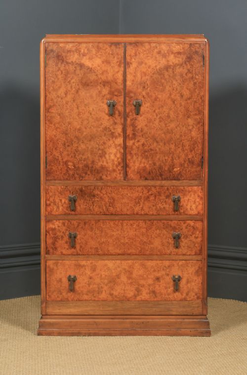 fig 1. Antique English Art Deco Burr Walnut Two Door Tallboy Compactum Chest of Drawers (Circa 1930)