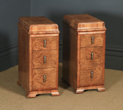 fig 1. Antique Pair of English Art Deco Figured Walnut Bedside Chests (Circa 1930)