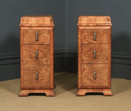 fig 4. Antique Pair of English Art Deco Figured Walnut Bedside Chests (Circa 1930)