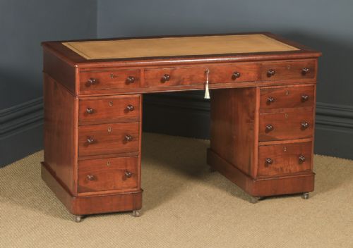 fig 1. Antique English Victorian 3ft 10” Mahogany & Leather Pedestal Office Desk (Circa 1870)