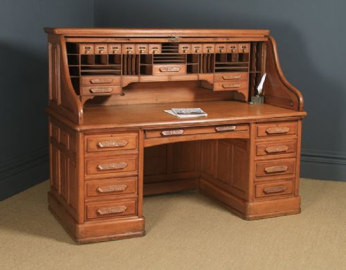 Large Antique English Edwardian 6ft Oak Roll Top Pedestal Office Writing Desk by Angus of London (Circa 1910)
