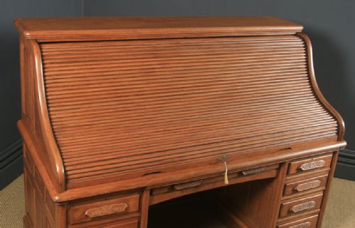 fig 1. Large Antique English Edwardian 6ft Oak Roll Top Pedestal Office Writing Desk by Angus of London (Circa 1910)
