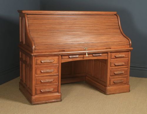 fig 4. Large Antique English Edwardian 6ft Oak Roll Top Pedestal Office Writing Desk by Angus of London (Circa 1910)