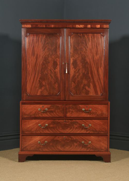 fig 1. Antique English Georgian Flame Mahogany Linen Press Chest of Drawers (Circa 1800)