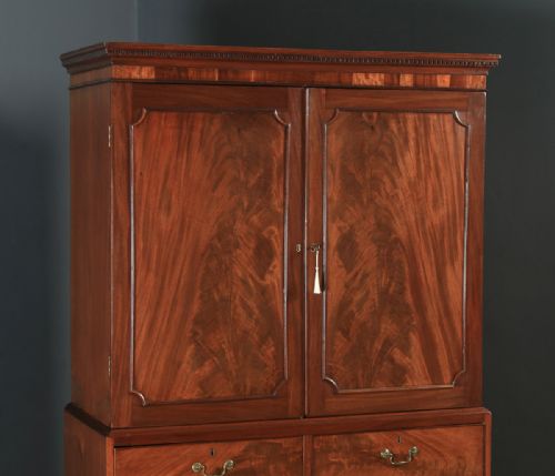 fig 2. Antique English Georgian Flame Mahogany Linen Press Chest of Drawers (Circa 1800)