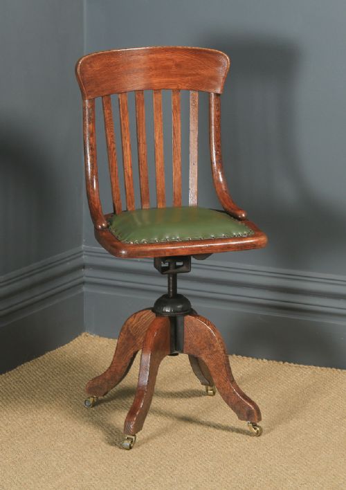 Antique English Edwardian Oak & Green Leather Revolving Office Desk Side Chair (Circa 1910)
