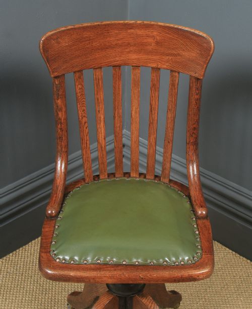 fig 3. Antique English Edwardian Oak & Green Leather Revolving Office Desk Side Chair (Circa 1910)