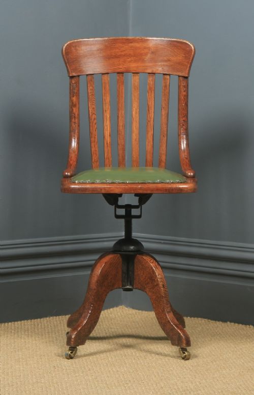 fig 1. Antique English Edwardian Oak & Green Leather Revolving Office Desk Side Chair (Circa 1910)