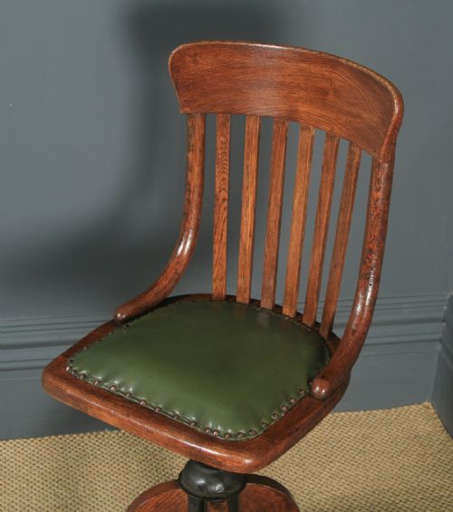 fig 2. Antique English Edwardian Oak & Green Leather Revolving Office Desk Side Chair (Circa 1910)