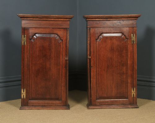 fig 1. Antique English Pair of Georgian Oak Wall Hanging Spice Cabinet Cupboards (Circa 1780)