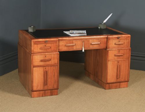 Antique English Art Deco Figured Walnut & Black Leather 4½Ft Office Pedestal Desk (Circa 1930)