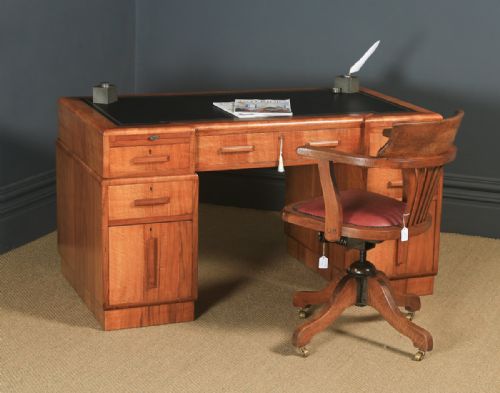 fig 1. Antique English Art Deco Figured Walnut & Black Leather 4½ft Office Pedestal Desk (Circa 1930)